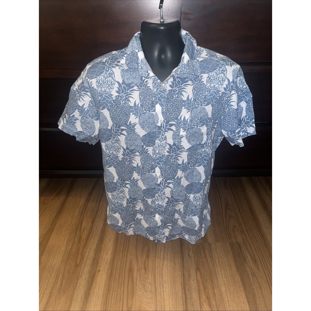 UNTUCKit Shirt Mens Large White Blue Button Up Short Sleeve Linen Slim Fit